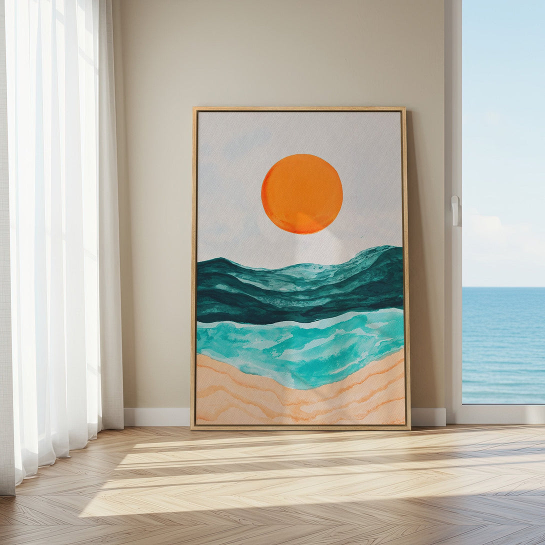 Framed Wall Art featuring an abstract ocean scene with a vibrant orange sun, teal waves, and sandy beach. Coastal art in a calming color palette.