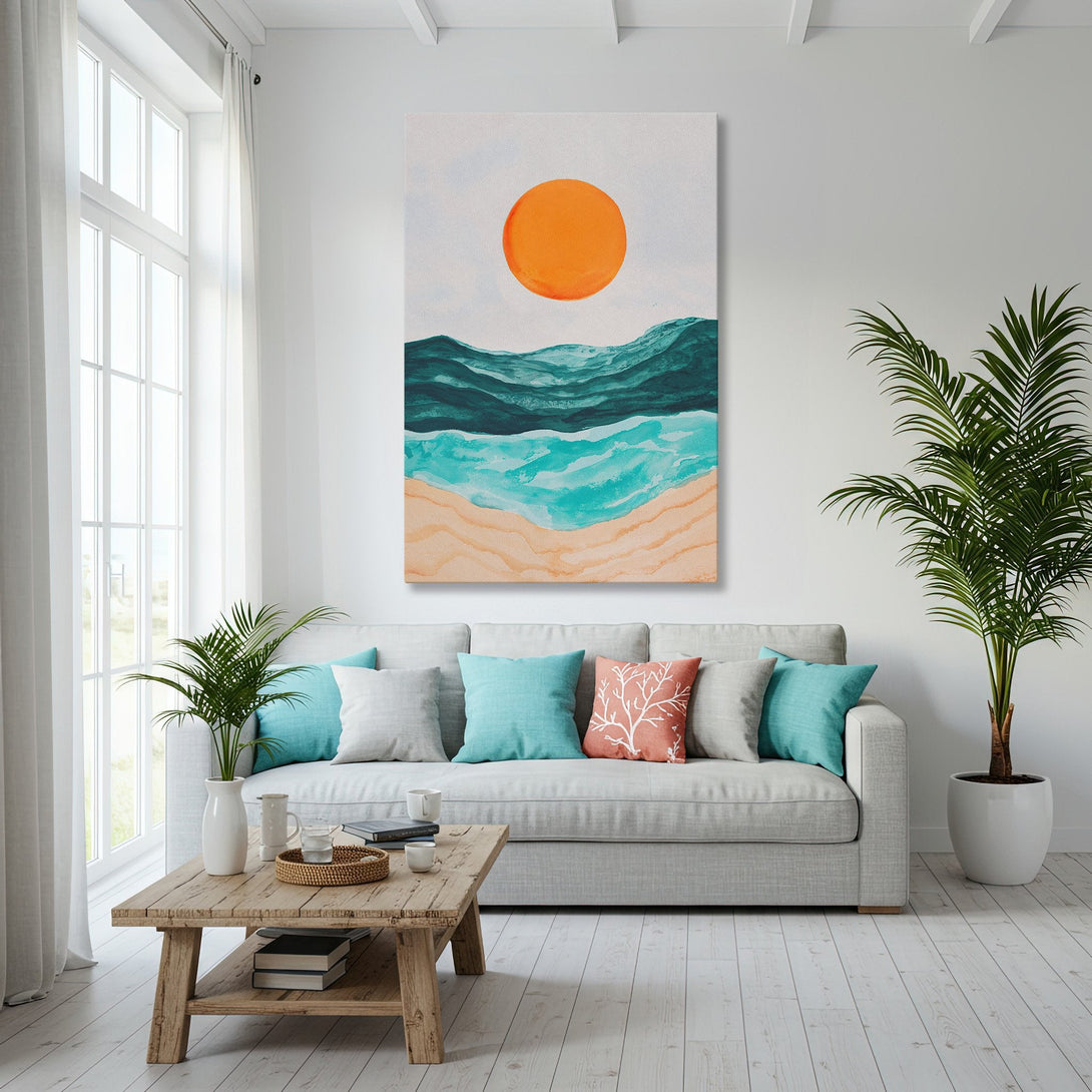 Framed Wall Art featuring a coastal landscape in teal, orange, and blue. Modern art print adds a touch of serenity to any space.