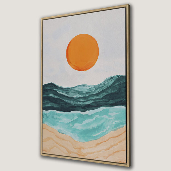 Framed Wall Art: Abstract landscape Canvas Print with orange sun, teal ocean, and warm sand tones. Modern art for coastal decor.
