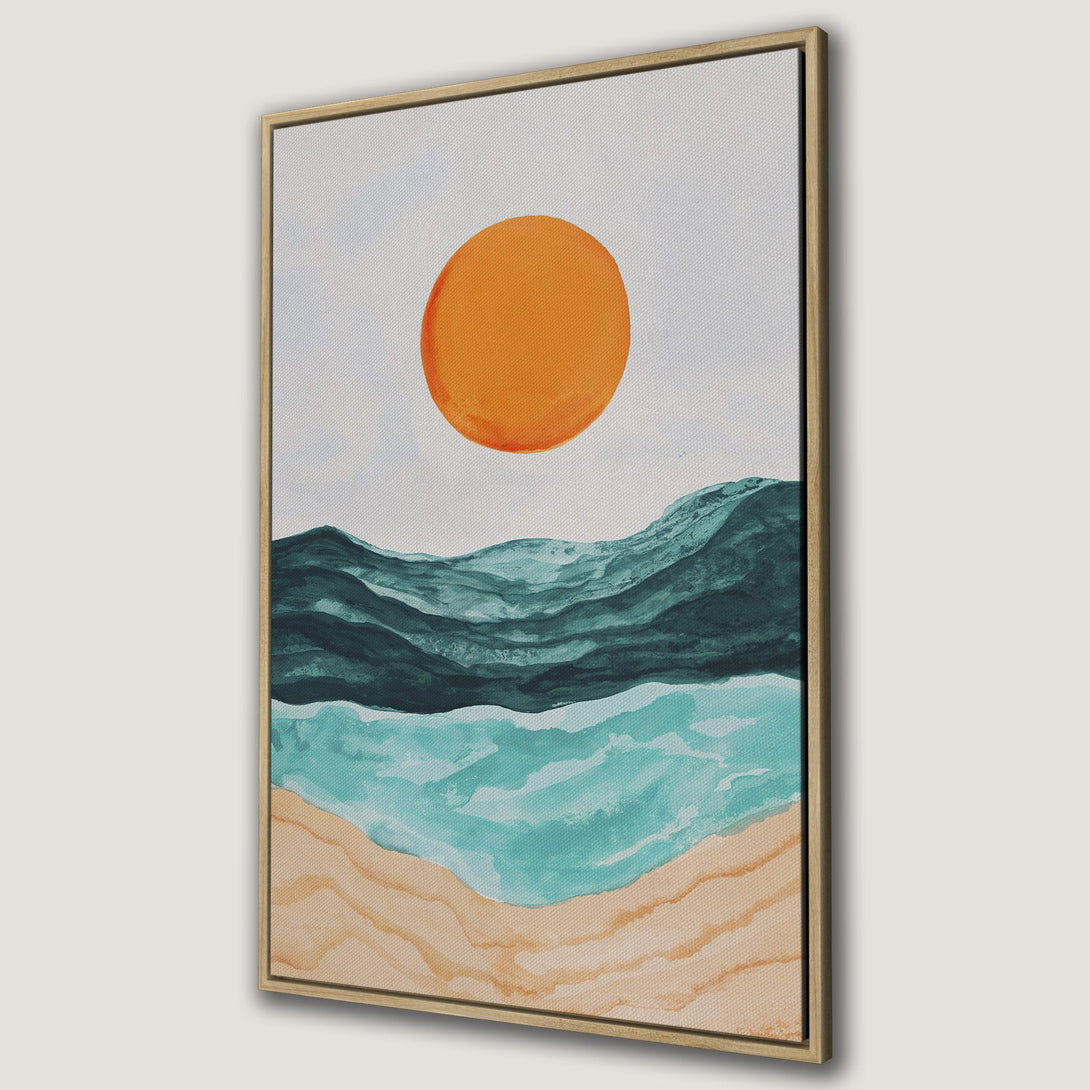 Framed Wall Art: Abstract landscape Canvas Print with orange sun, teal ocean, and warm sand tones. Modern art for coastal decor.