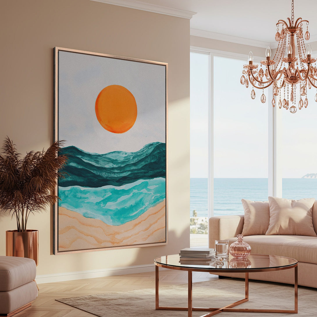 Framed Wall Art: Abstract ocean scene Canvas Print in teal, orange, and beige. Modern coastal art for your home.