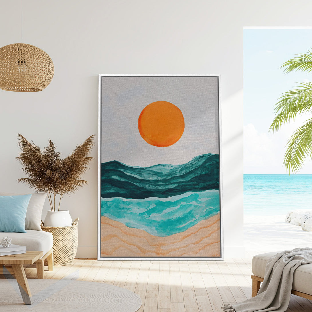 Framed Wall Art: Abstract beach scene with orange sun, teal water, and sand. Coastal style art in a modern interior. Perfect for your home!