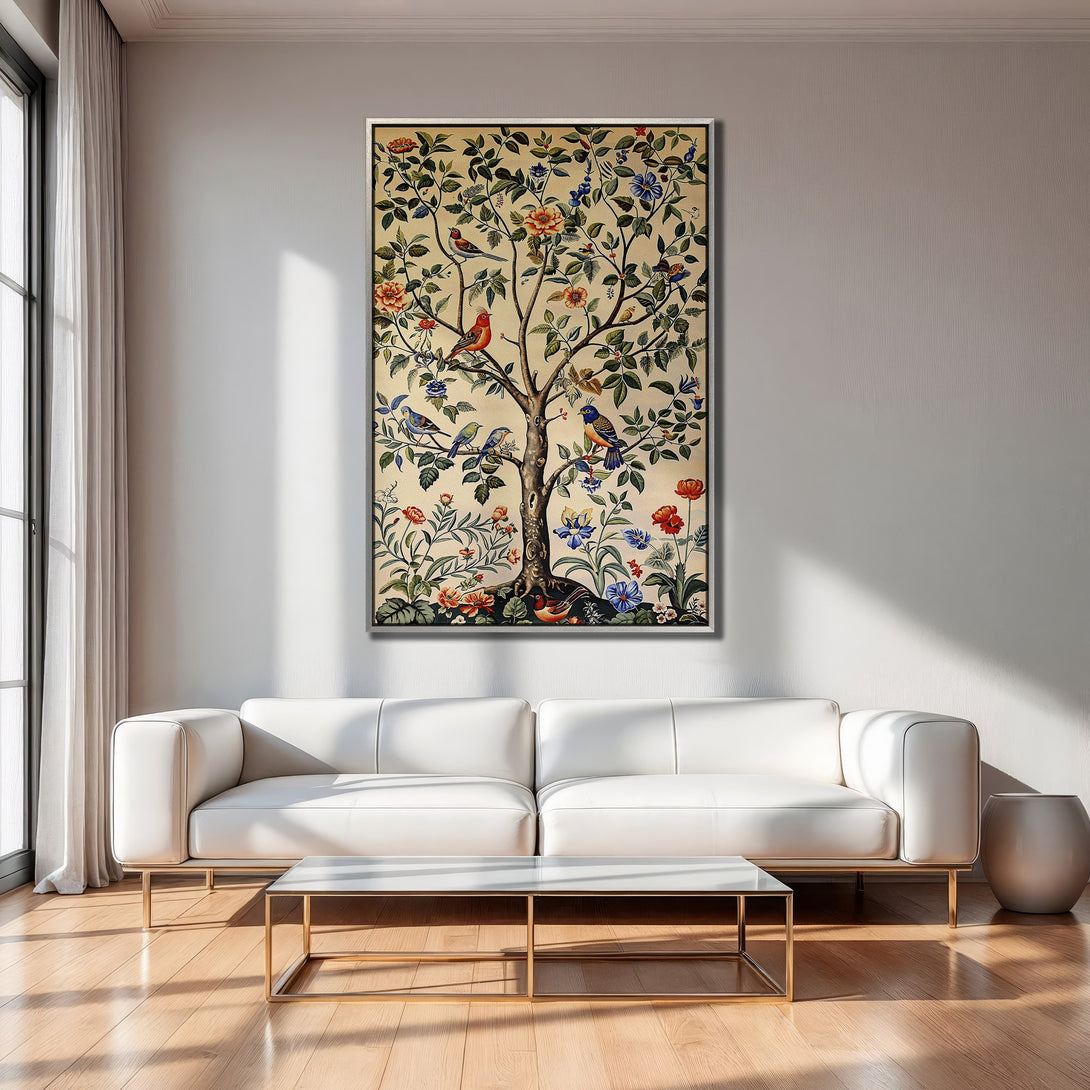 Framed Wall Art: Colorful tree of life canvas print with birds & flowers. Warm, inviting palette in a modern living room setting.