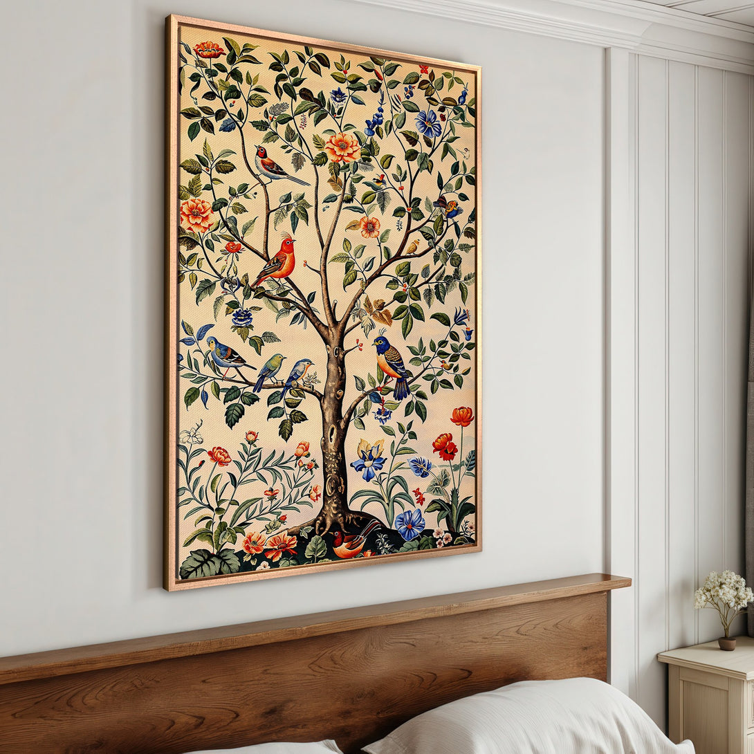 Framed Wall Art featuring a vibrant tree with birds, flowers, and a vintage style. Warm color palette adds a touch of elegance to any space.