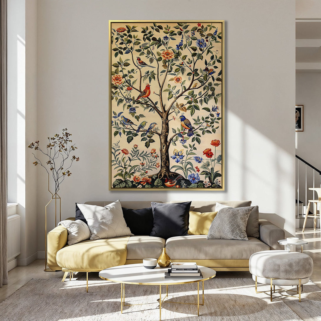Canvas Print of a tree with birds, vintage style, in a kitchen with a soft color palette of cream, green, orange, and blue.