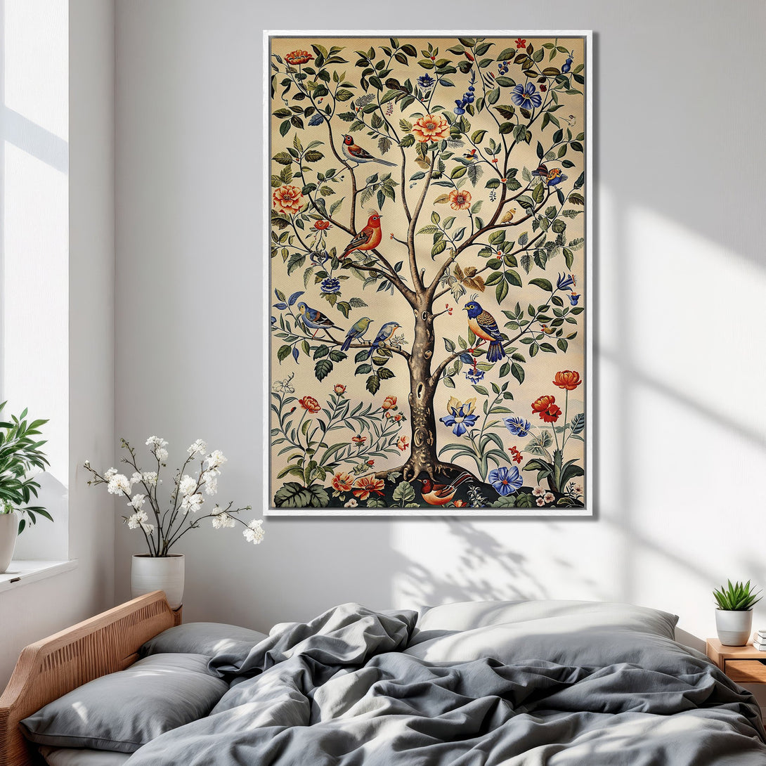 Framed Wall Art: Vintage-style Canvas Print of a tree with birds and flowers. Features a warm, neutral color palette perfect for bedroom decor.