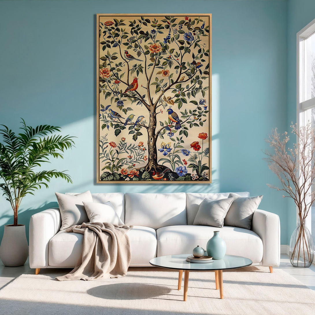 Framed Wall Art: Vintage tree and bird illustration in a living room. Earthy tones with pops of red and blue, creating a cozy and stylish aesthetic.