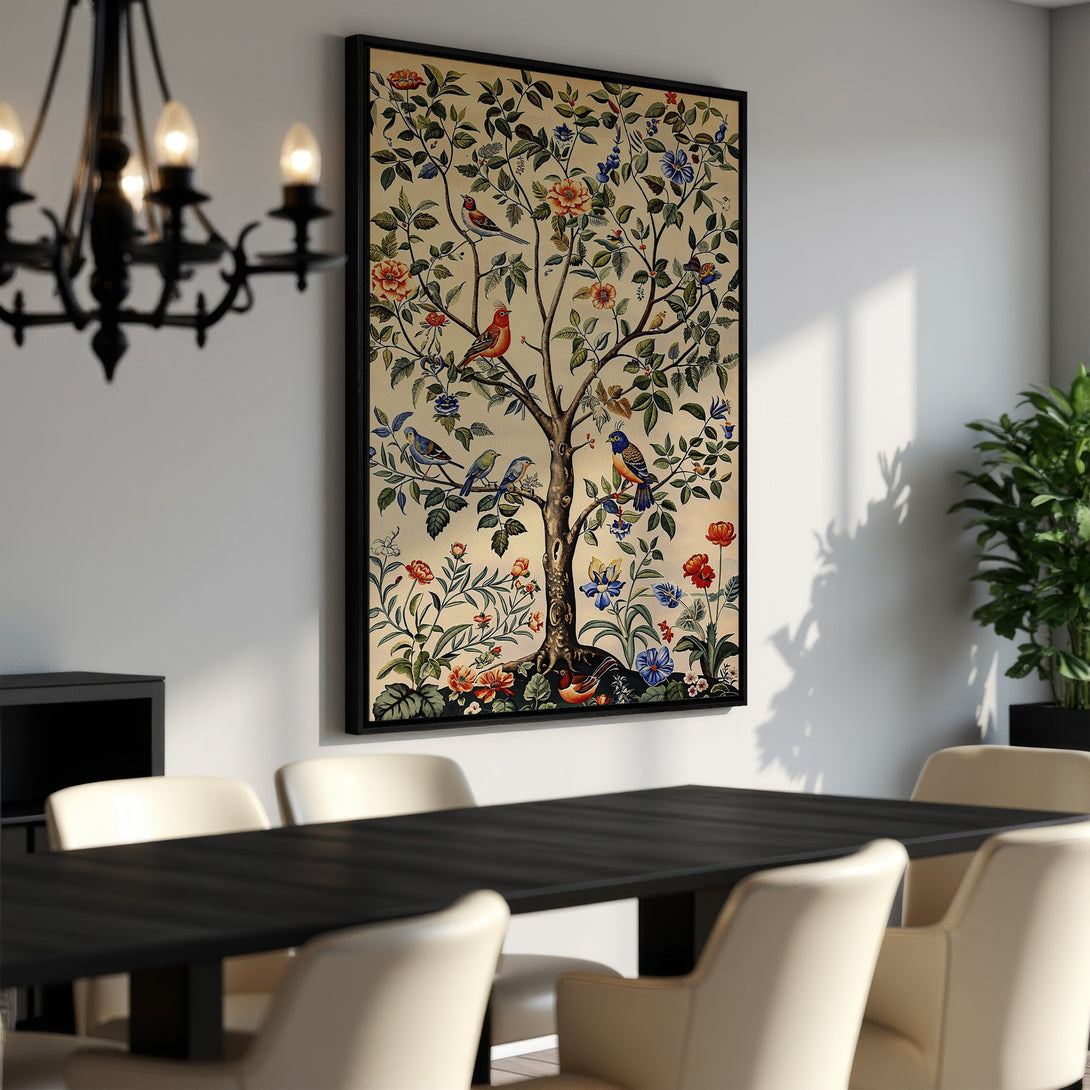 Framed Wall Art: Vintage tree and bird print in a dining room. Earthy tones with pops of red, blue, and green. Perfect for adding a touch of nature.