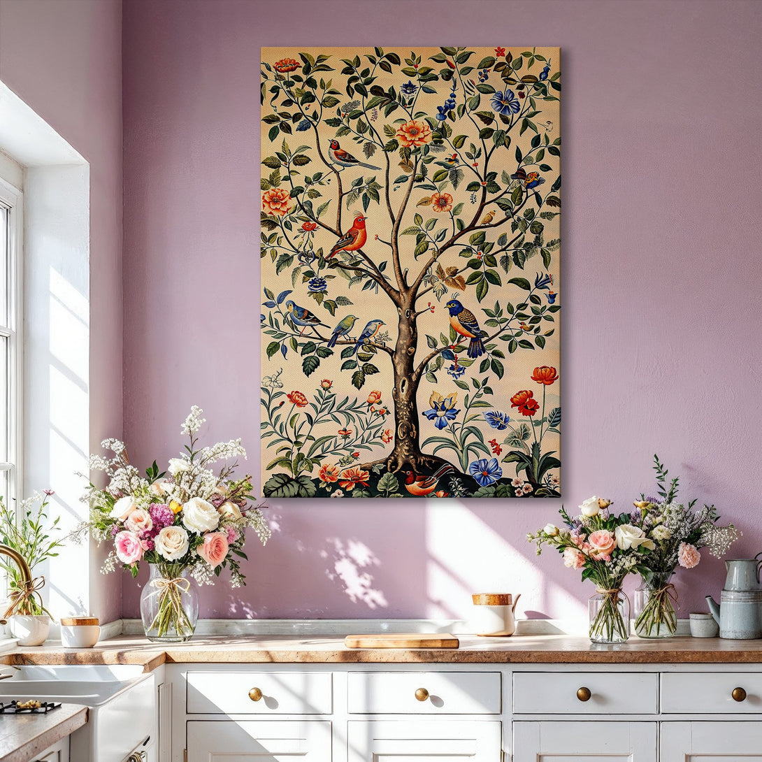 Framed Wall Art featuring a vibrant tree with birds and flowers in a vintage style. Warm, inviting color palette. Perfect for living room decor.
