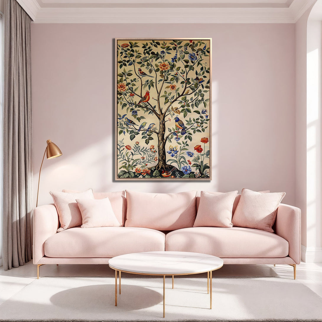 Framed Wall Art featuring a vintage botanical tree and bird design. Warm color palette with pink and gold accents, perfect for adding a touch of elegance.
