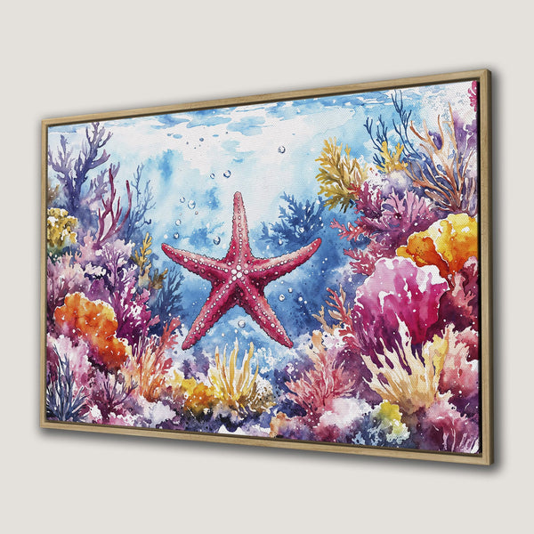 Framed Wall Art: Watercolor starfish & coral reef in vibrant blues, pinks, and oranges. Coastal decor for a calming, artistic touch.