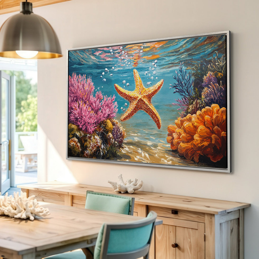 Framed Wall Art: Vibrant underwater scene with starfish & coral. Coastal style, teal, orange, and pink palette. Perfect for adding a splash of color!
