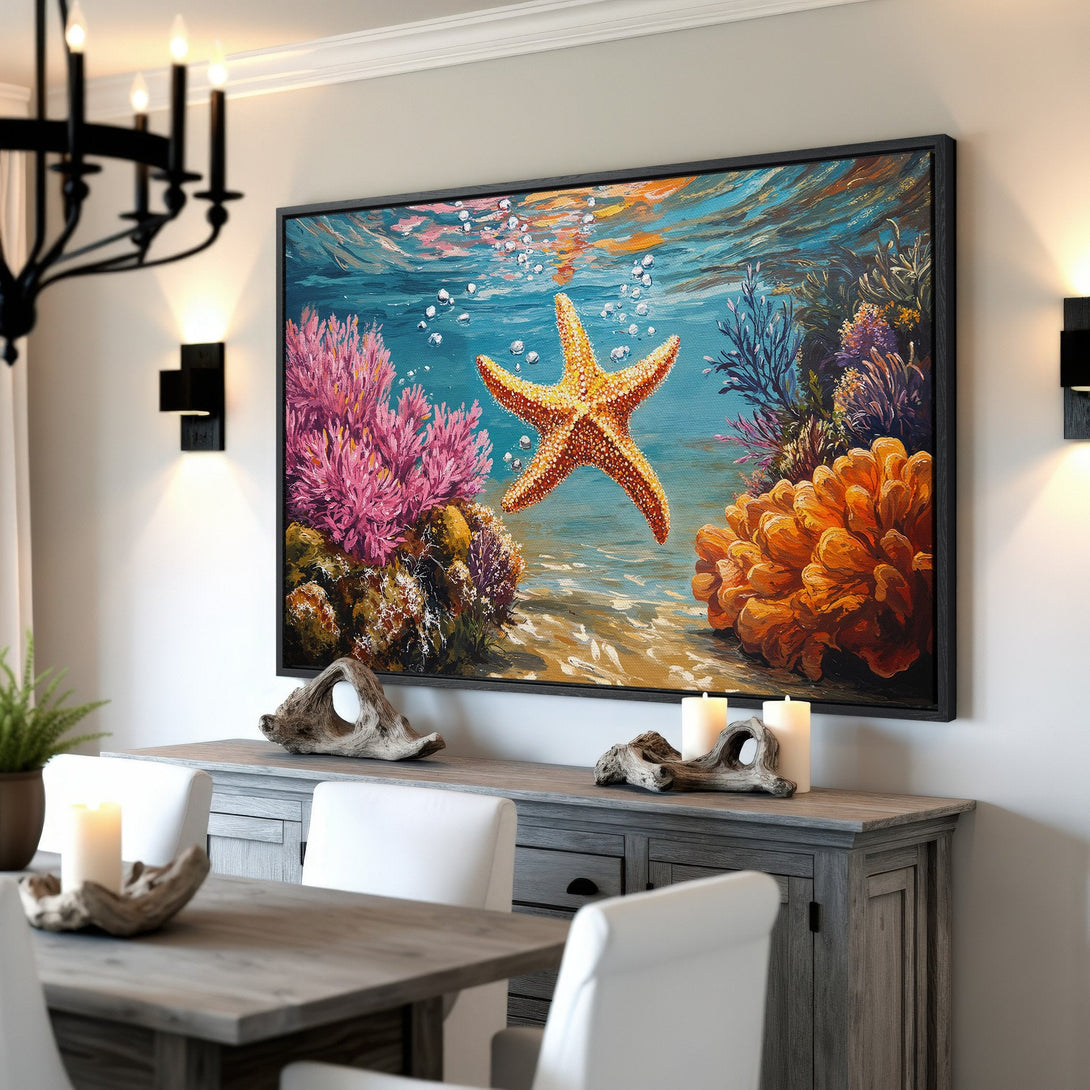 Framed Wall Art: Underwater starfish painting with vibrant coral reef. Coastal decor with a blue, orange, and pink color palette. Perfect for coastal home decor.