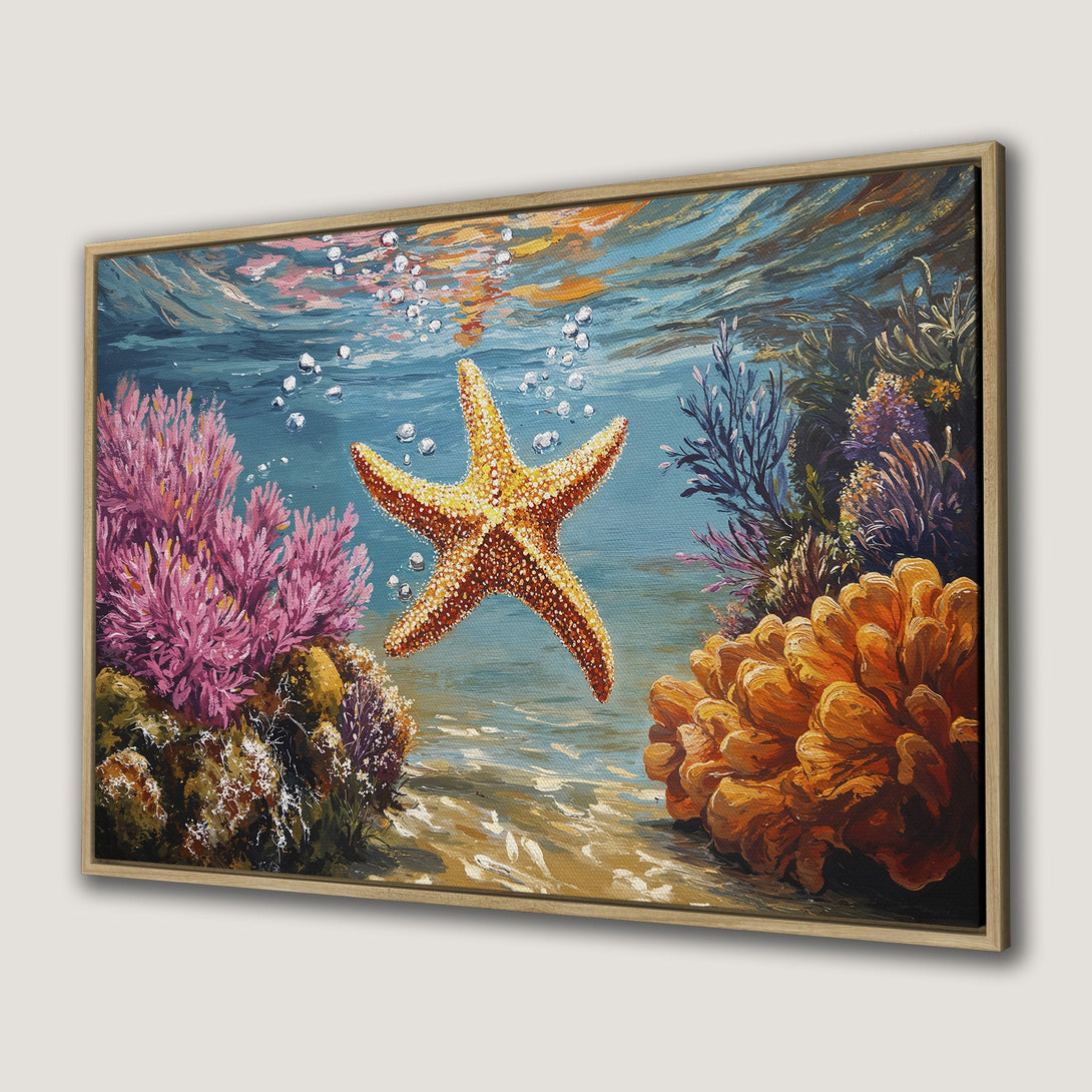 Framed Wall Art of a vibrant underwater scene with a starfish, coral, and a blue and orange color palette. Perfect ocean decor!