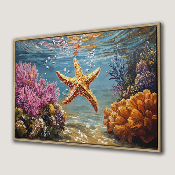 Framed Wall Art of a vibrant underwater scene with a starfish, coral, and a blue and orange color palette. Perfect ocean decor!