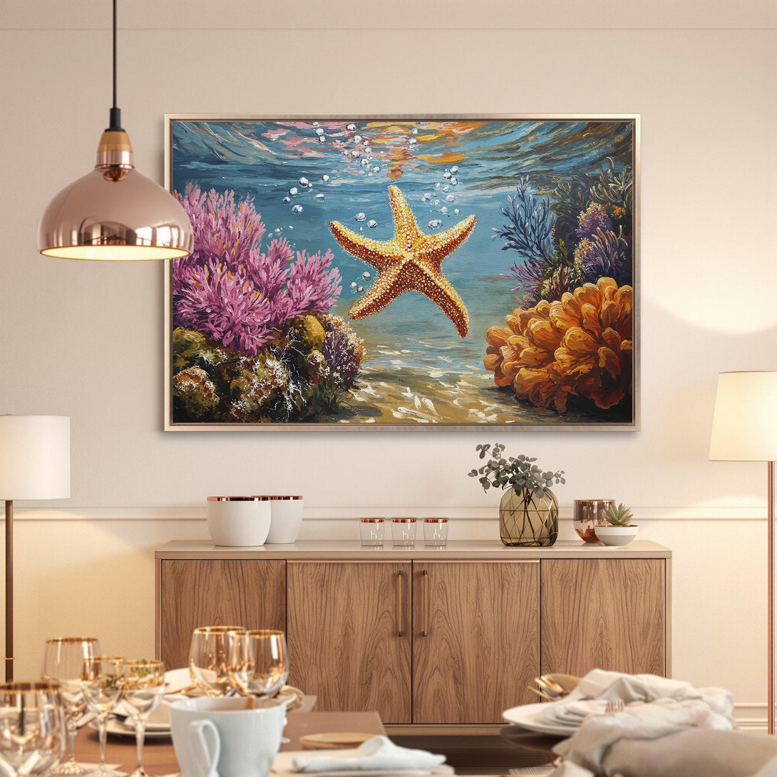 Framed Wall Art: Stunning starfish painting in vibrant blues, corals, and gold. Coastal-inspired artwork perfect for adding a touch of the ocean to your home.