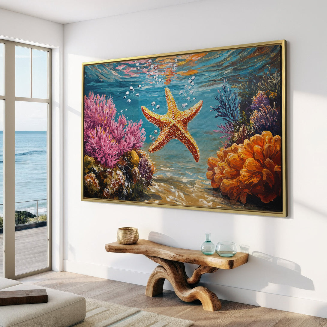Canvas Print of a vibrant starfish underwater scene. Coastal decor with a warm color palette, perfect for adding a touch of the ocean to your home.