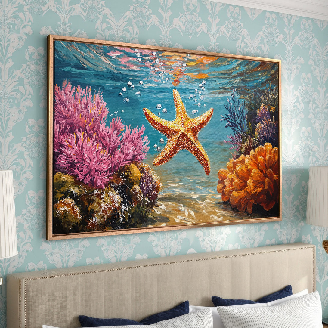 Framed Wall Art: Underwater starfish painting with coral reef in vibrant blues, pinks, and oranges. Coastal decor for your bedroom.