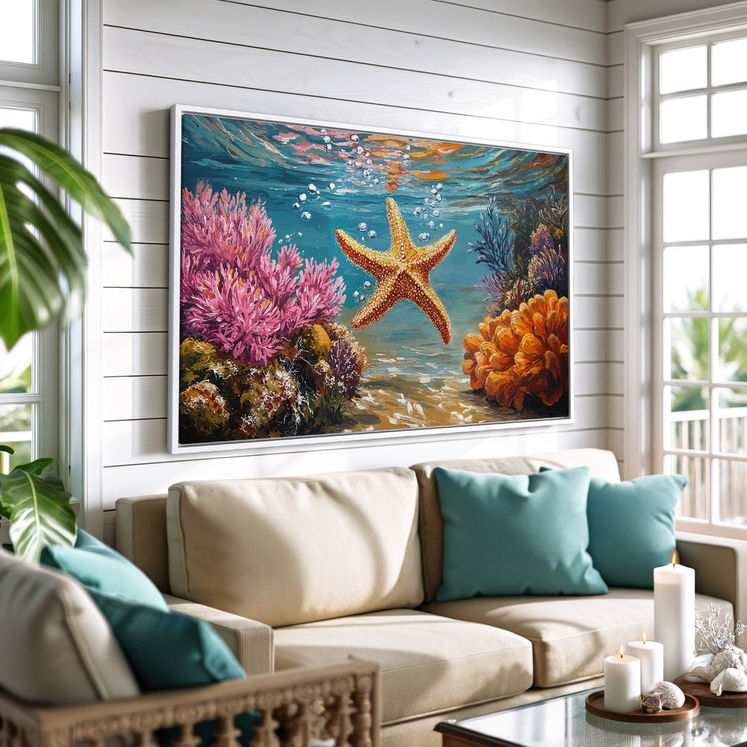 Framed Wall Art: Stunning ocean scene Canvas Print with starfish & coral in vibrant blues, pinks, and oranges. Coastal art for a relaxing home.