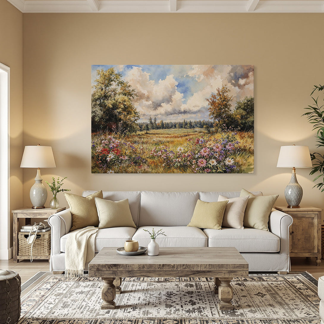 Framed Wall Art: Landscape Canvas Print with vibrant wildflowers, trees, and a cloudy sky in a warm, inviting color palette.
