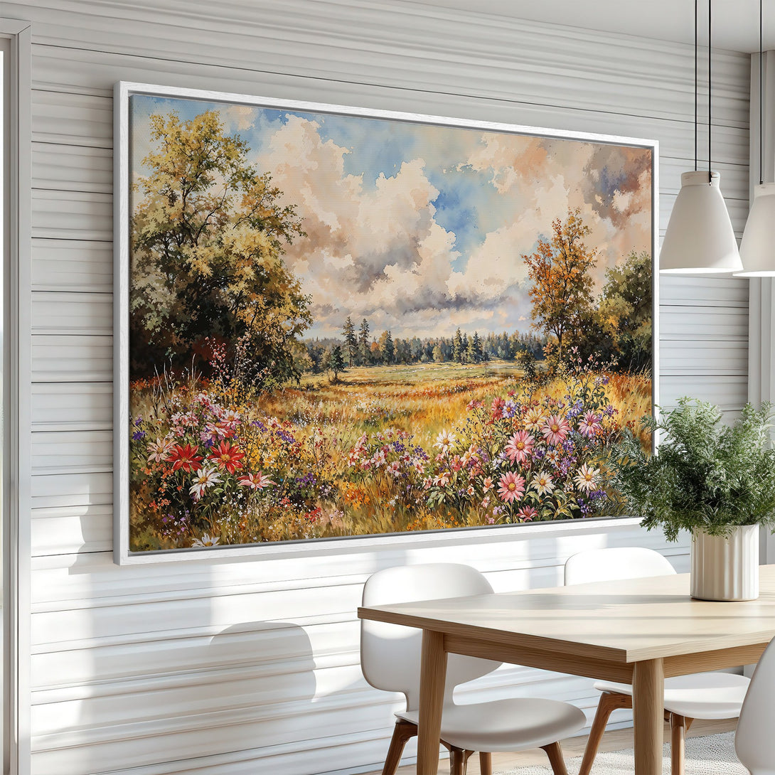 Framed Wall Art of a vibrant meadow landscape in warm, earthy tones. Perfect for adding a touch of nature to your home decor.