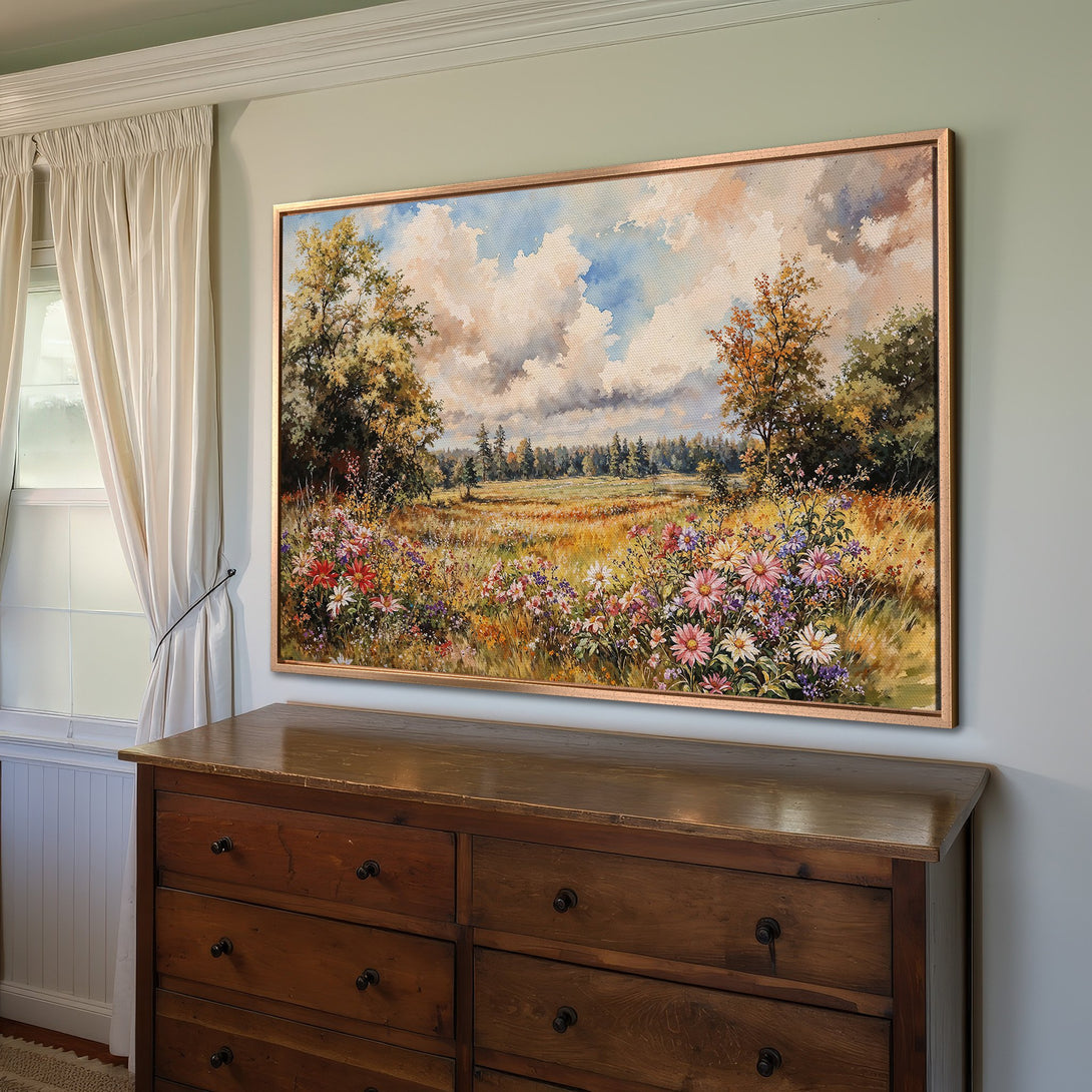 Framed Wall Art: Landscape painting of a wildflower meadow in warm, neutral tones. Perfect for adding a touch of nature to your home decor.