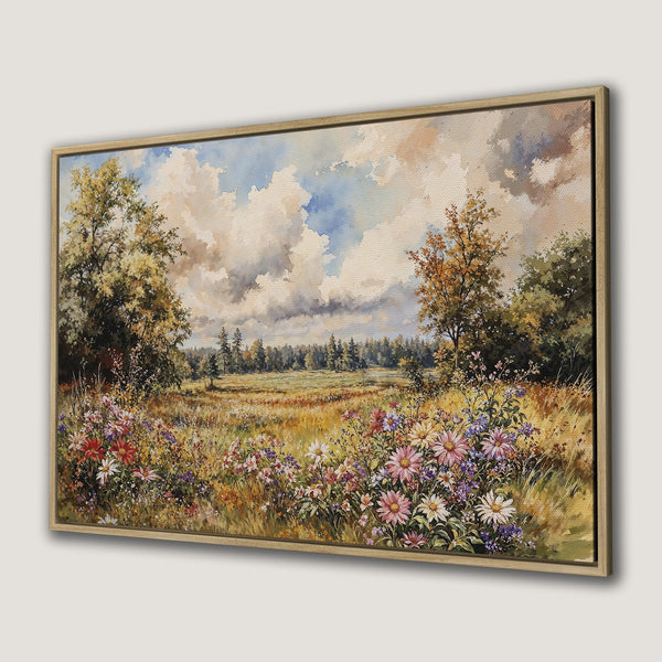 Framed Wall Art of a serene meadow landscape with colorful wildflowers. Warm, earthy tones and a watercolor style bring nature indoors.
