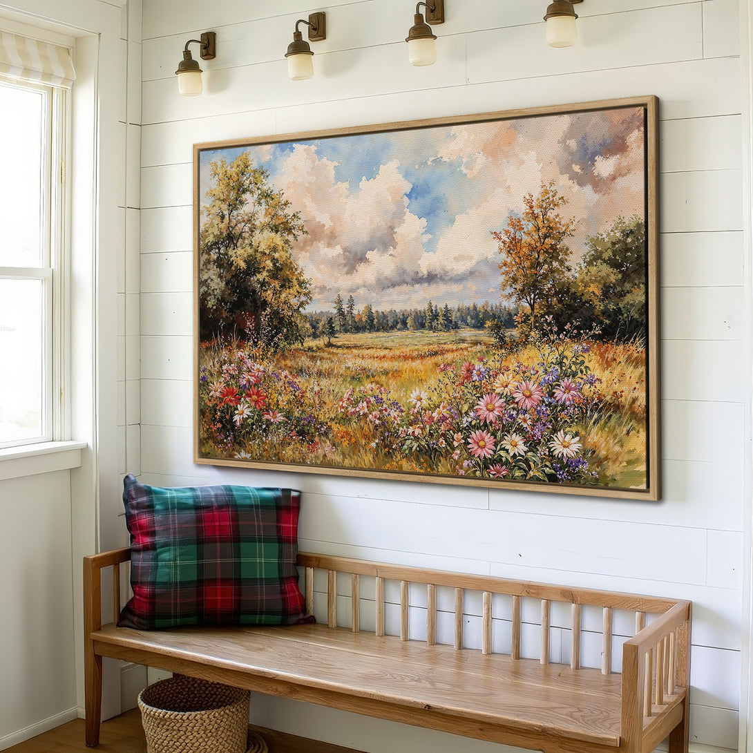 Framed Wall Art: Landscape Canvas Print with a meadow scene in warm tones. Perfect for adding a touch of nature and color to your home decor.