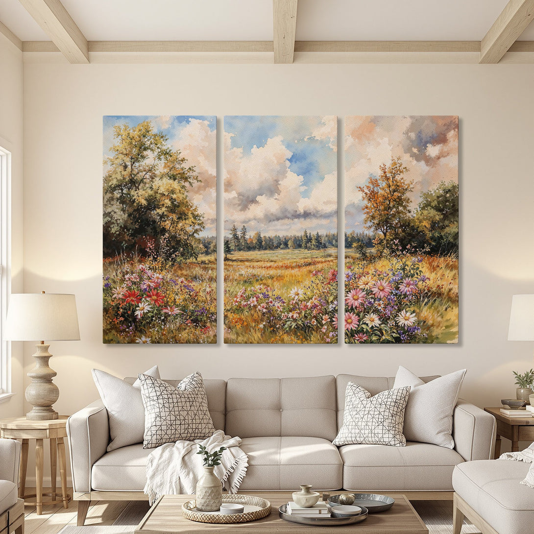 Canvas Print triptych of a vibrant wildflower meadow in a watercolor style with a warm, natural color palette, perfect for any home.