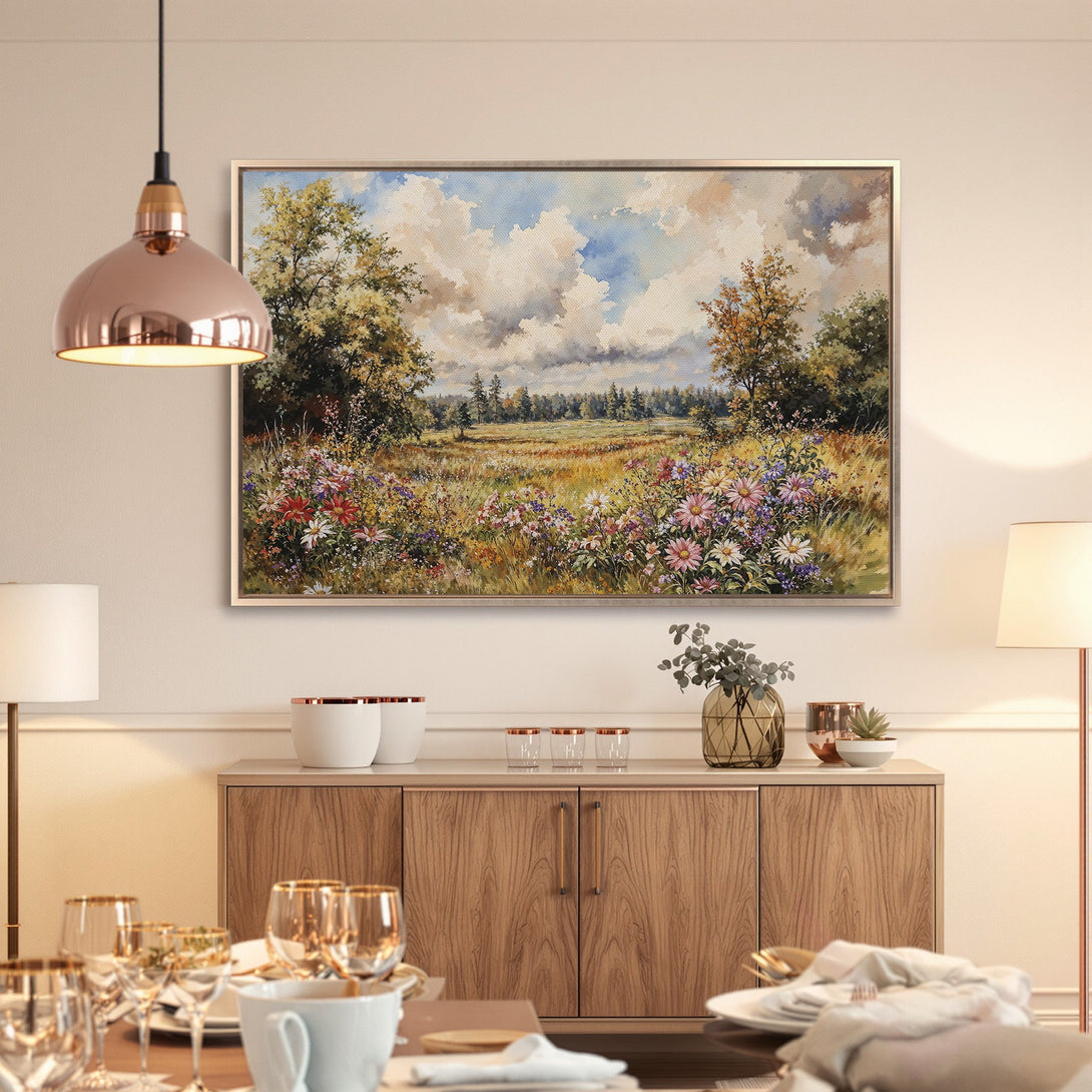 Framed Wall Art: Landscape Canvas Print with wildflowers and sky. Warm, natural color palette perfect for home decor.