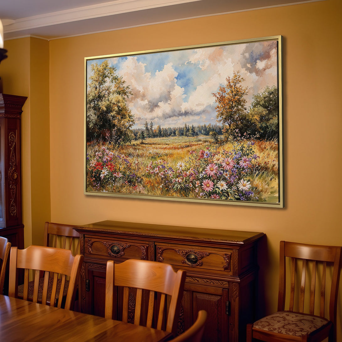 Canvas Print of a serene landscape painting with a floral meadow, warm earthy tones, and a touch of blue sky. Perfect for adding a touch of nature to your home!