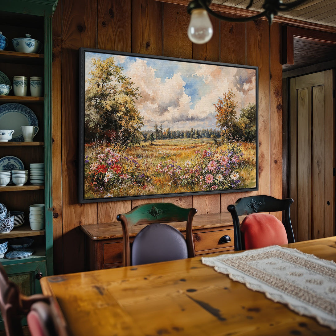 Framed Wall Art: Landscape Canvas Print with vibrant wildflowers and a warm, inviting color palette. Perfect for adding a touch of nature to your home!
