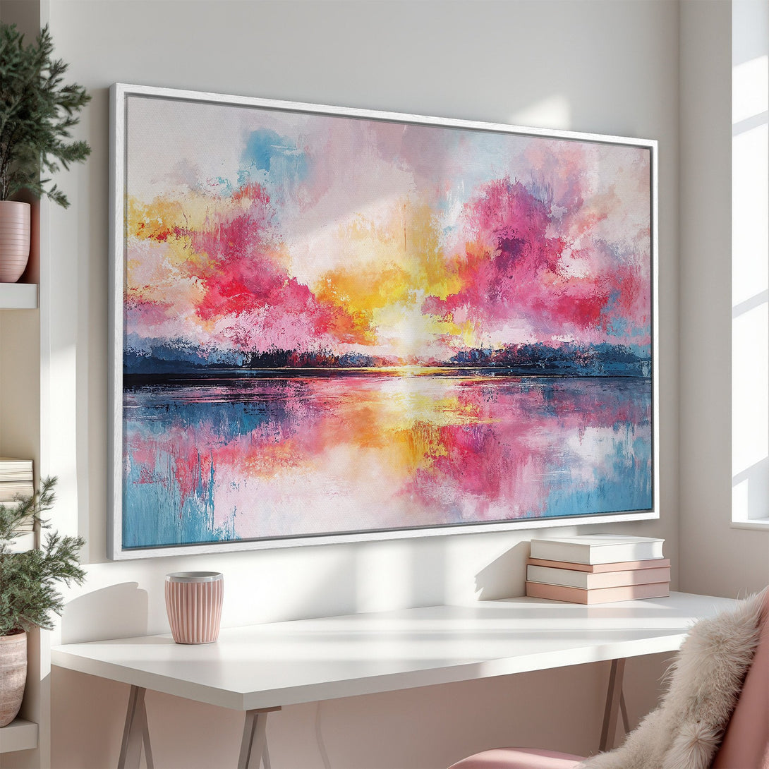 Framed Wall Art: Abstract landscape Canvas Print with vibrant pink, blue, and yellow hues. Modern art for home decor, adds a pop of color and style.