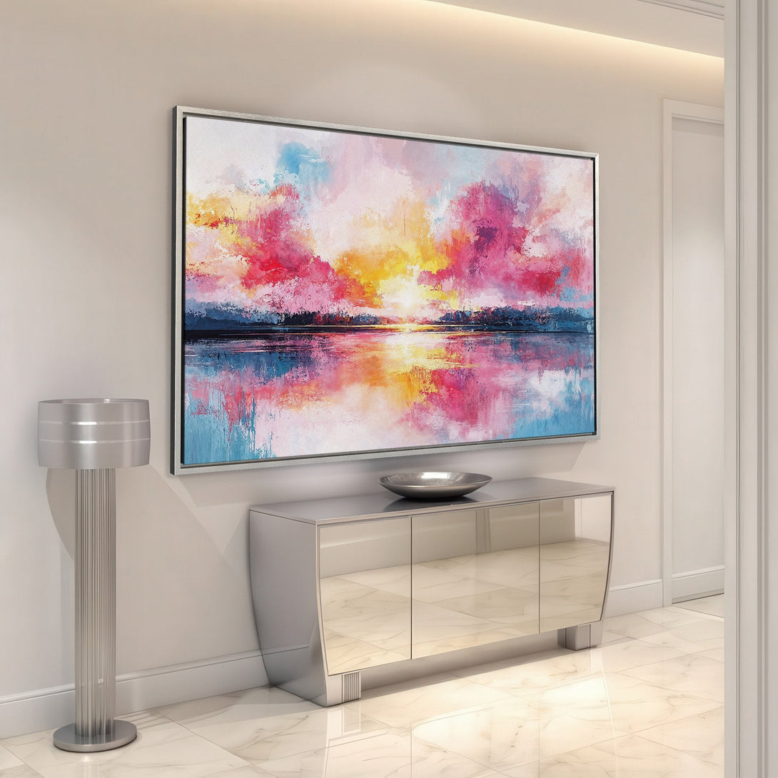 Framed Wall Art Canvas Print, abstract sunset painting with vibrant pink, yellow, and blue hues. Modern art for a stylish interior.