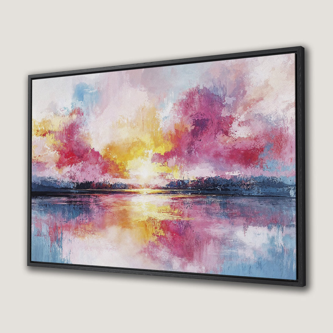 Framed Wall Art: Abstract landscape canvas print with vibrant pink, yellow, and blue hues. Modern art for a stylish interior.