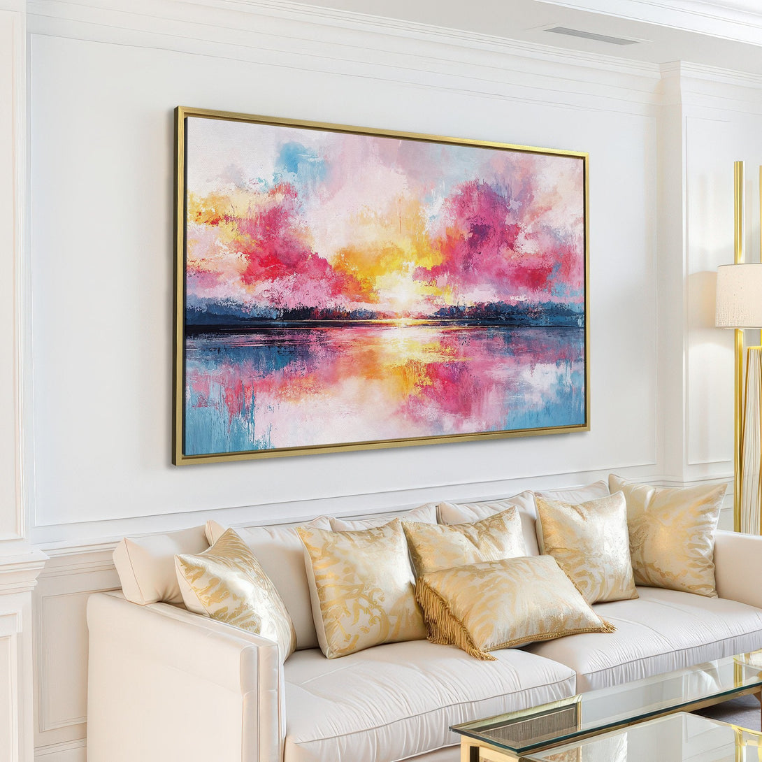 Abstract landscape Canvas Print in a modern living room. Vibrant pink, yellow, and blue color palette creates a calming atmosphere. Perfect wall art!