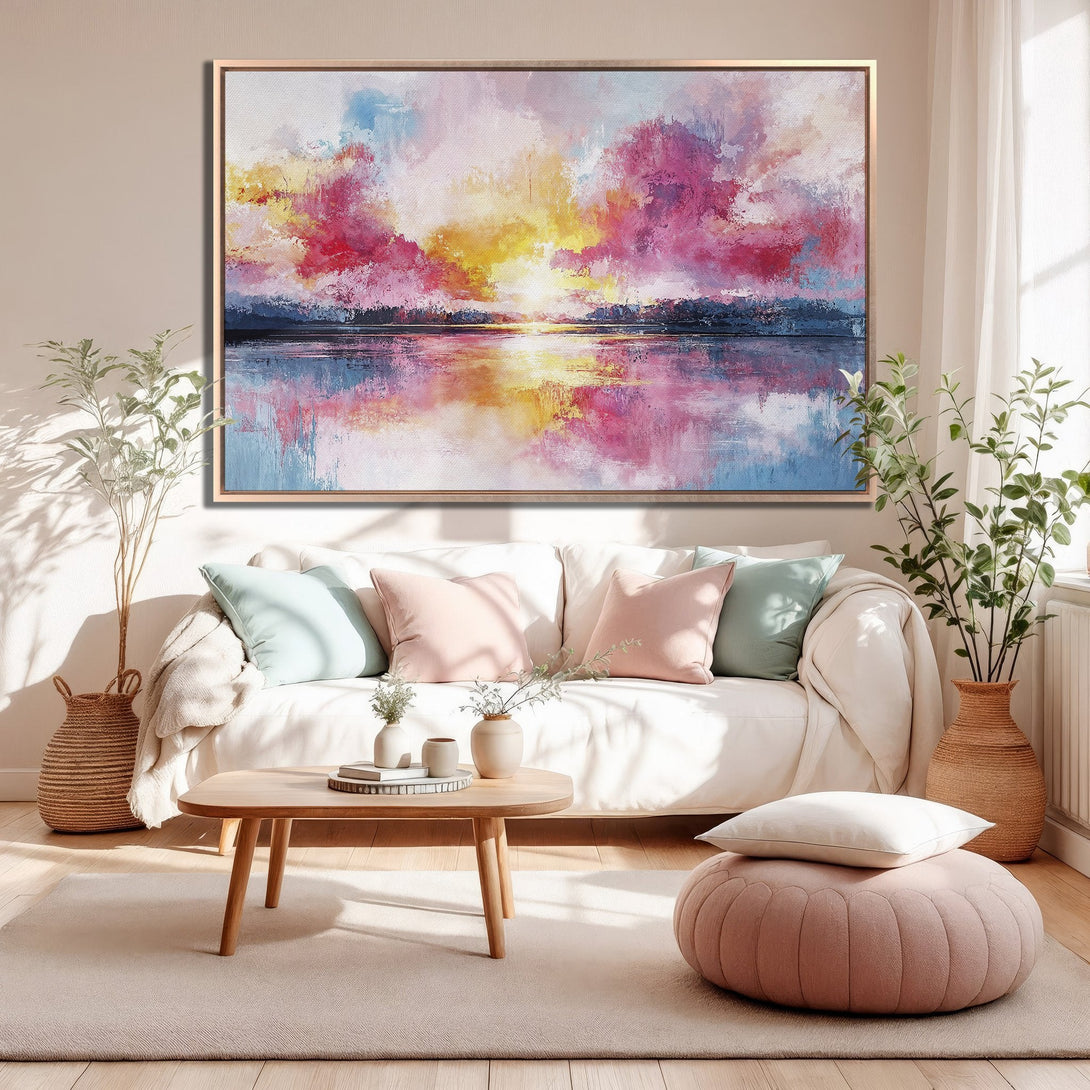 Framed Wall Art: Abstract sunset canvas print in pink, yellow, and blue hues. Modern art to elevate any space. Shop now for stunning wall decor!