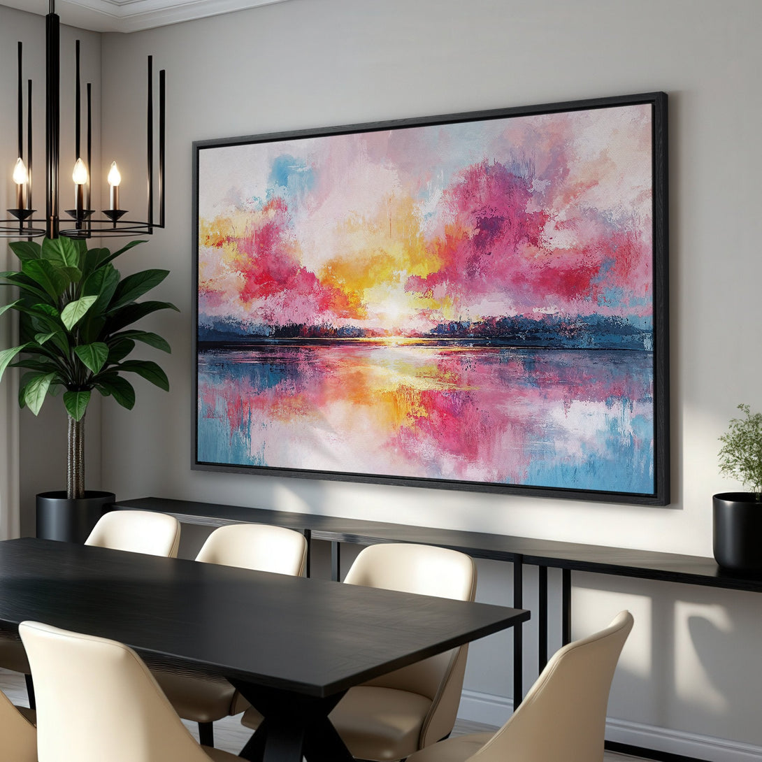 Framed Wall Art: Abstract landscape Canvas Print with vibrant pink, yellow, and blue hues. Modern art for home decor, adding a pop of color to any space.
