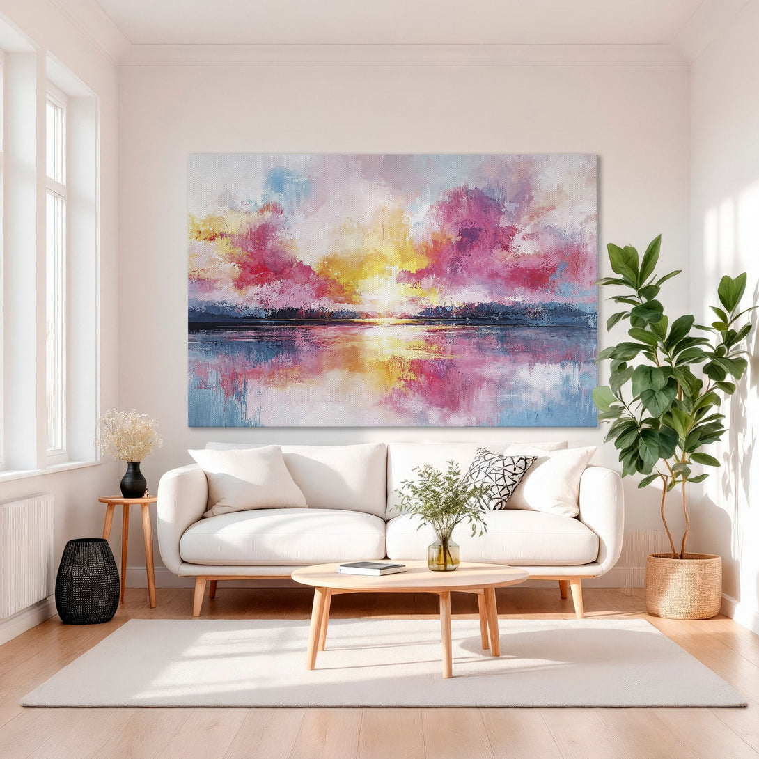 Framed Wall Art: Abstract sunset canvas print with vibrant pink, orange, and blue hues. Modern art for living room decor.