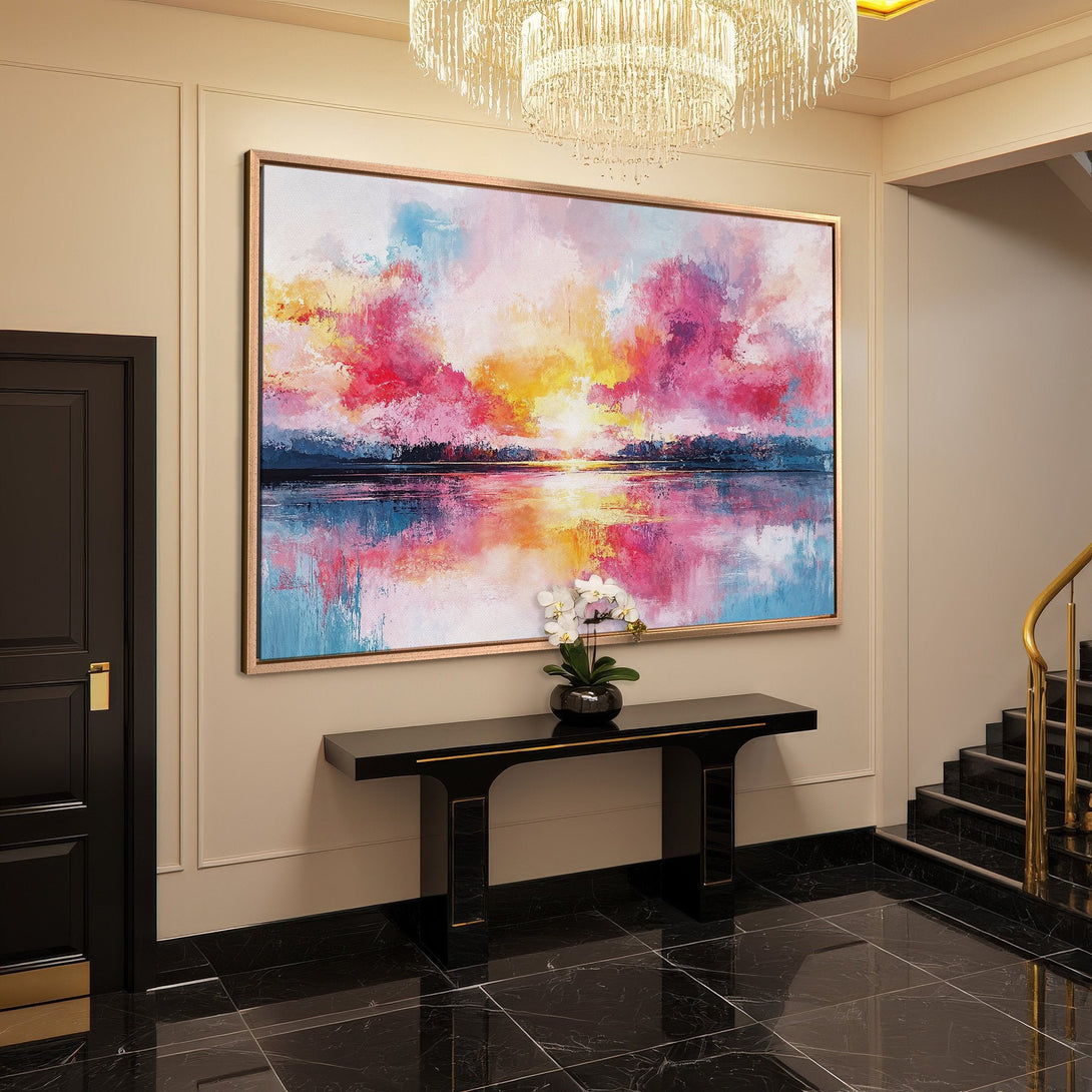 Framed Wall Art: Abstract landscape Canvas Print with vibrant pink, blue, and yellow hues. Adds a pop of color to any modern interior design.