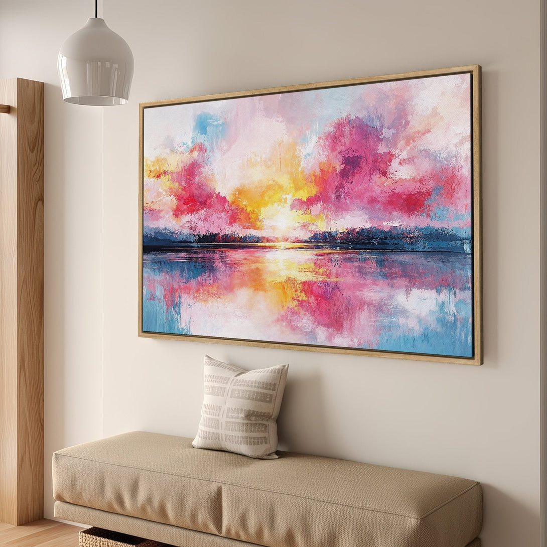 Framed Wall Art: Abstract sunset canvas print in vibrant pink, yellow, and blue hues. Modern art for living room decor.