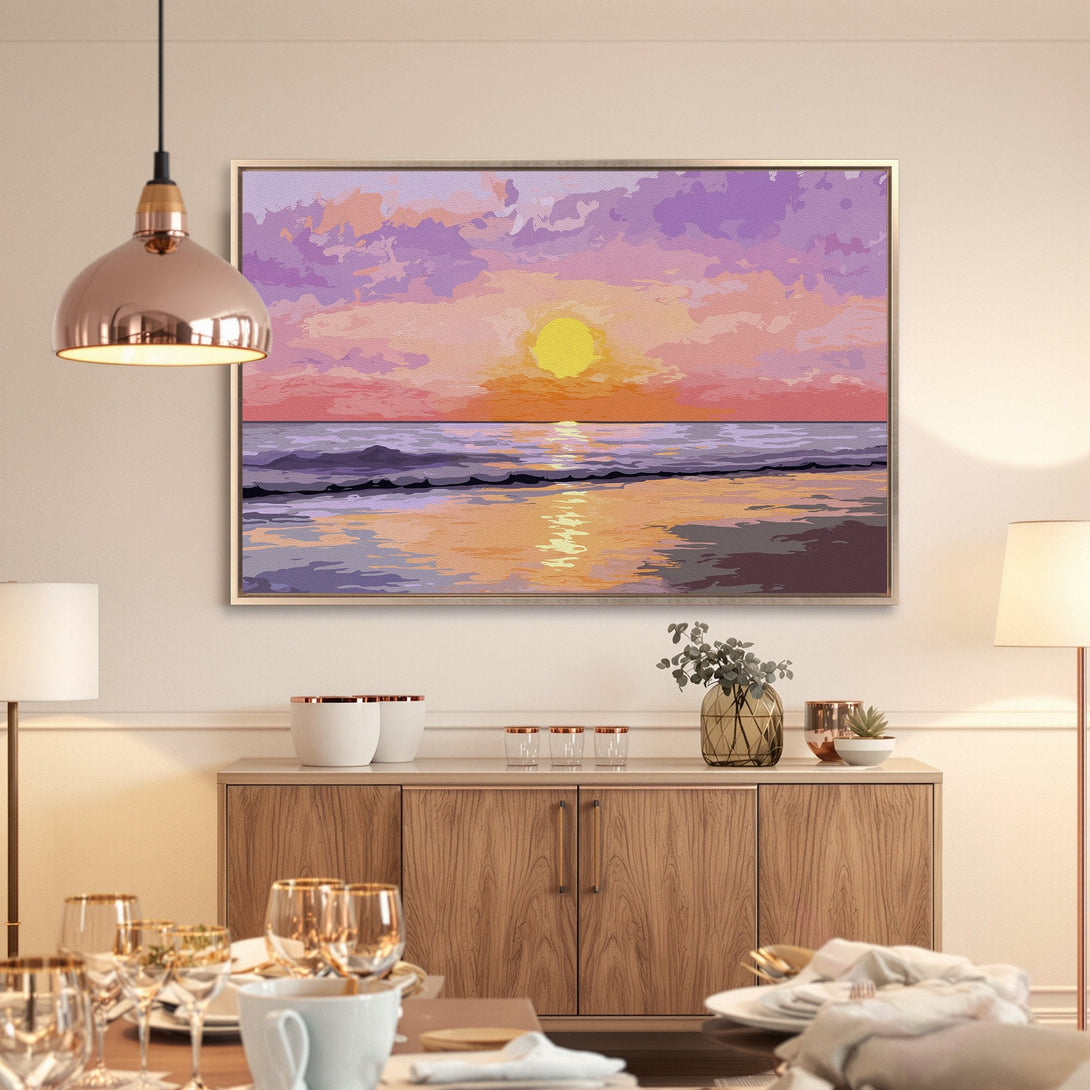 Framed Wall Art: Sunset over the ocean in a warm, inviting color palette of pinks, purples, and gold. Perfect for adding a touch of serenity.