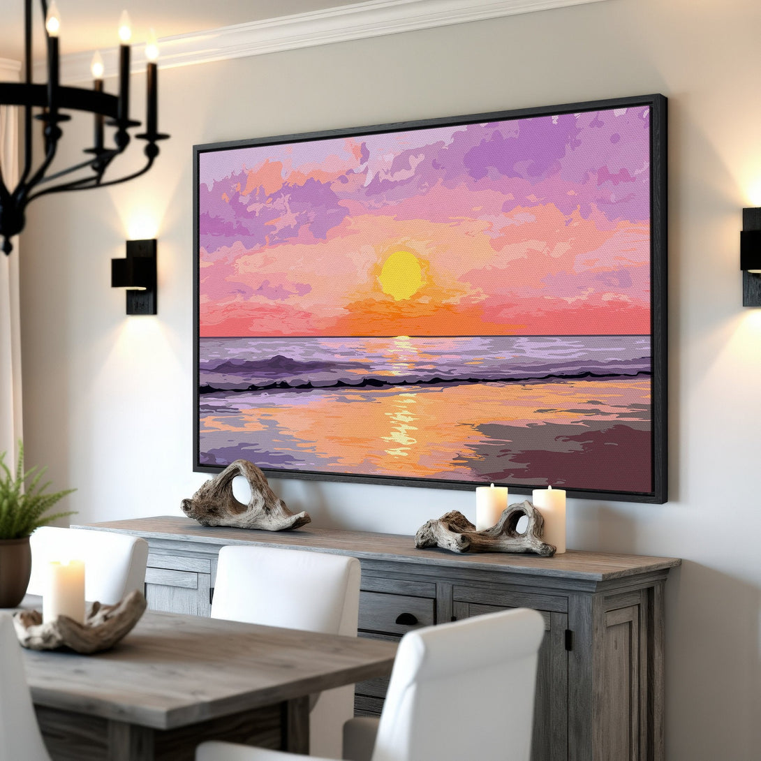 Framed Wall Art of a vibrant sunset over the ocean. This canvas print features a warm, painterly style with a purple, orange, and yellow color palette, perfect for any space.