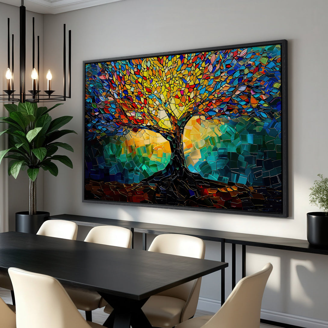 Framed Wall Art: Colorful mosaic tree canvas print. Modern art with vibrant blues, yellows, and greens. Perfect for dining room decor.