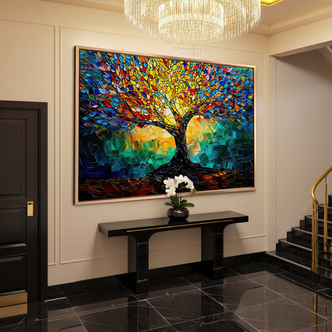 Framed Wall Art: Colorful mosaic tree art in a modern entryway. Vibrant warm color palette. Perfect for adding a focal point to your home decor.