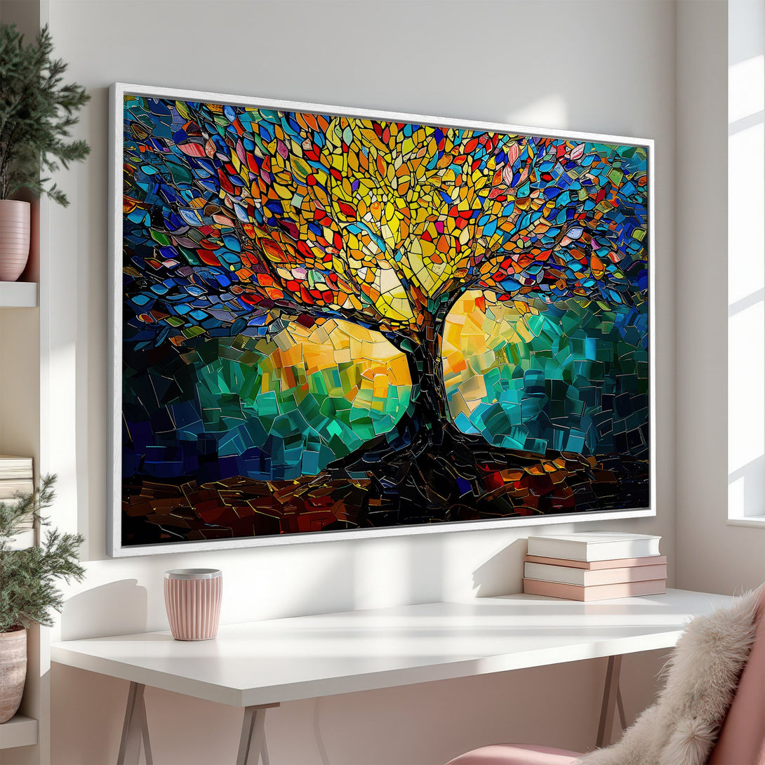 Framed Wall Art: Colorful mosaic tree art print. Vibrant abstract style with warm yellow, orange, and cool blue hues. Perfect for modern home decor.