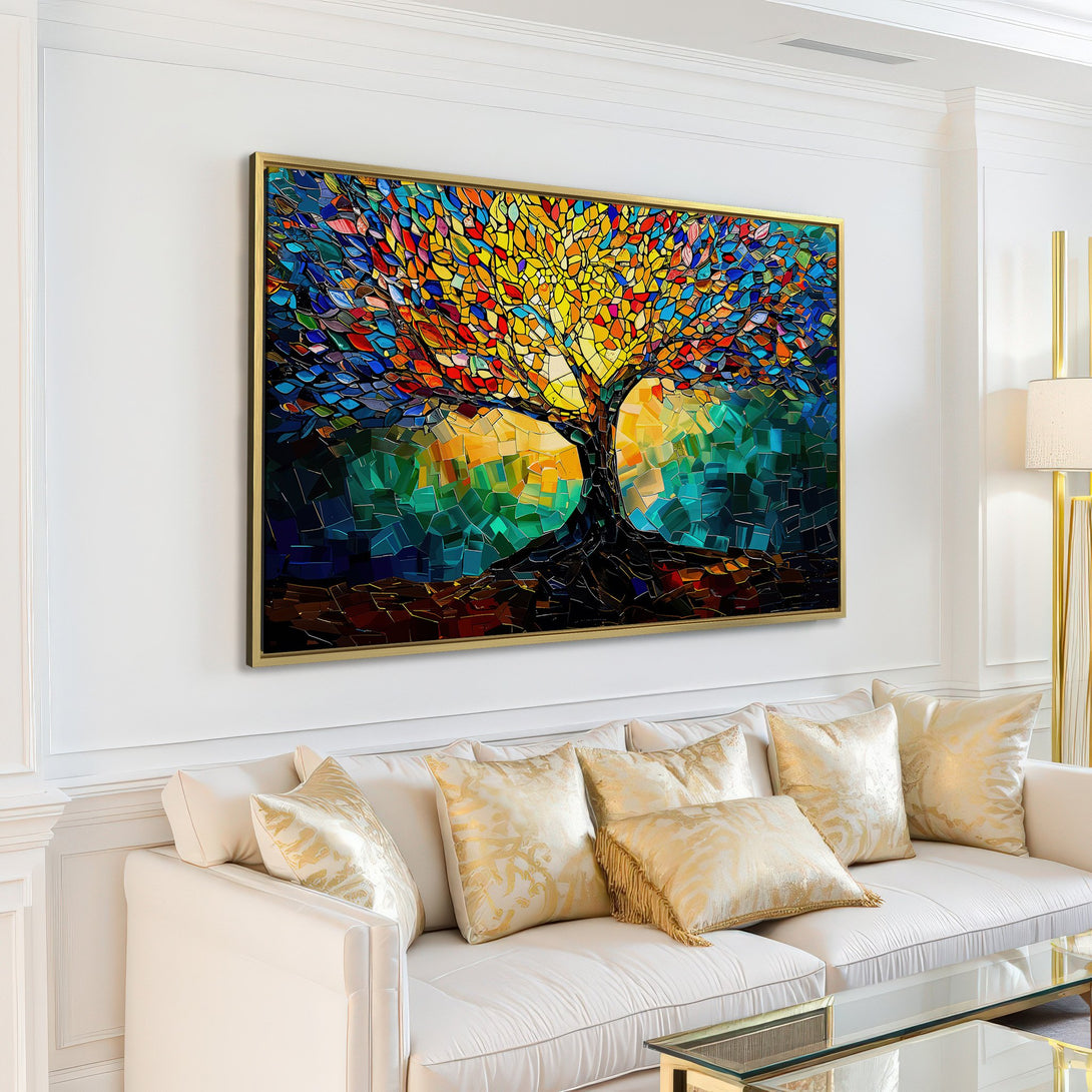 Canvas Print of a vibrant mosaic tree art, displayed in a modern living room. Features a colorful palette of blues, reds, yellows, and greens.