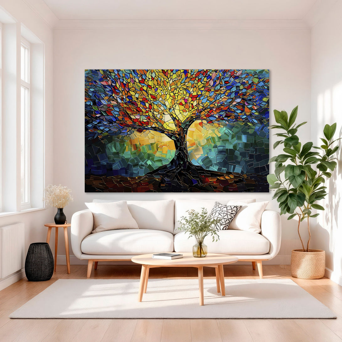 Framed Wall Art: Colorful mosaic tree art in a modern interior. Vibrant hues of red, yellow, blue, and green create a stunning focal point.