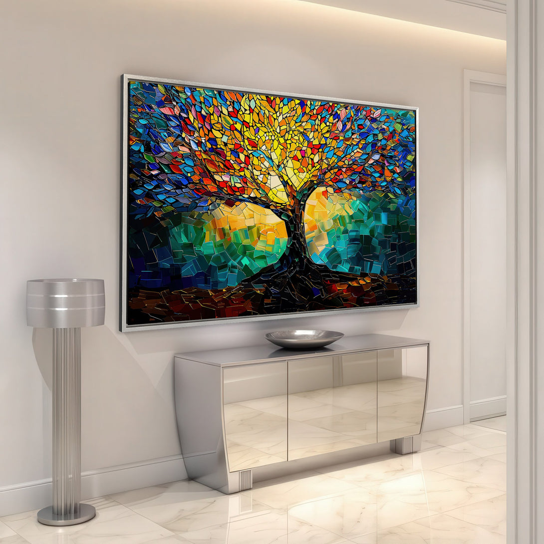 Framed Wall Art: Colorful mosaic tree canvas print. Modern abstract art with vibrant blues, yellows, and greens. Perfect for living room or bedroom decor.