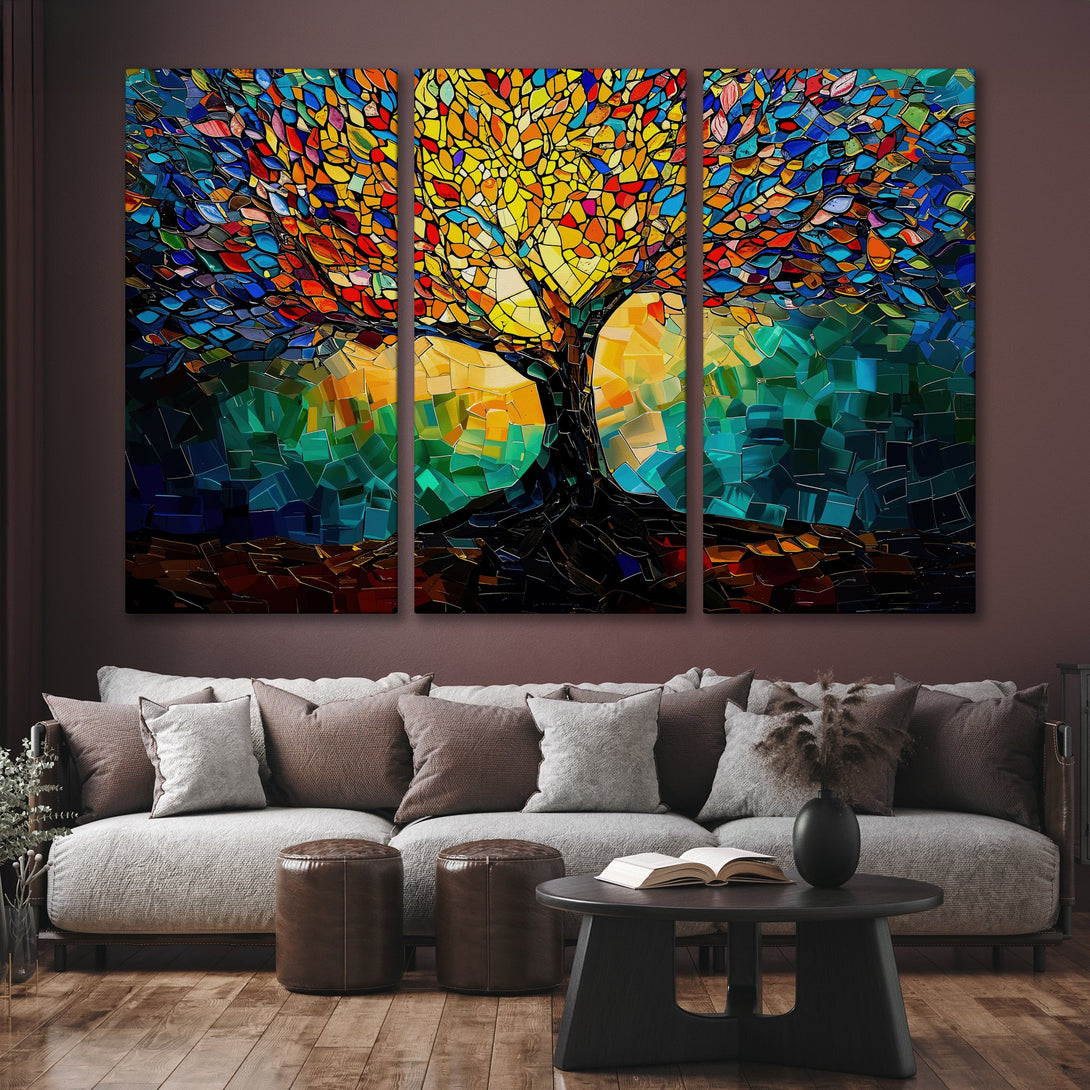Abstract tree Canvas Print with vibrant mosaic style and warm, colorful palette. Perfect for adding artistic flair to any room.